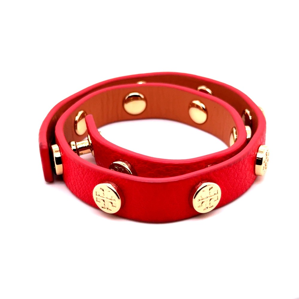 Tory Burch Miller Red Leather Double Wrap Bracelet Gold Logo Studs Adjustable
